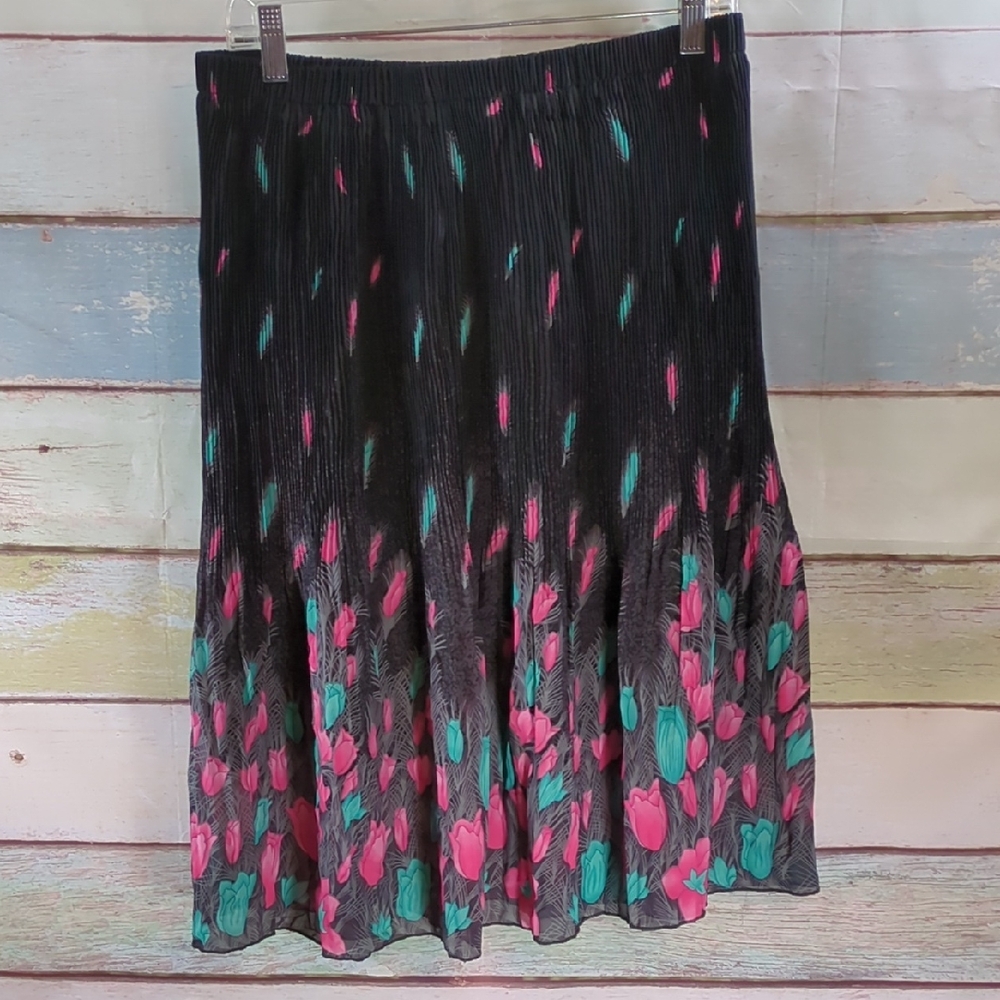 Black Pleated Floral Midi Skirt with Pink & Teal Accents
